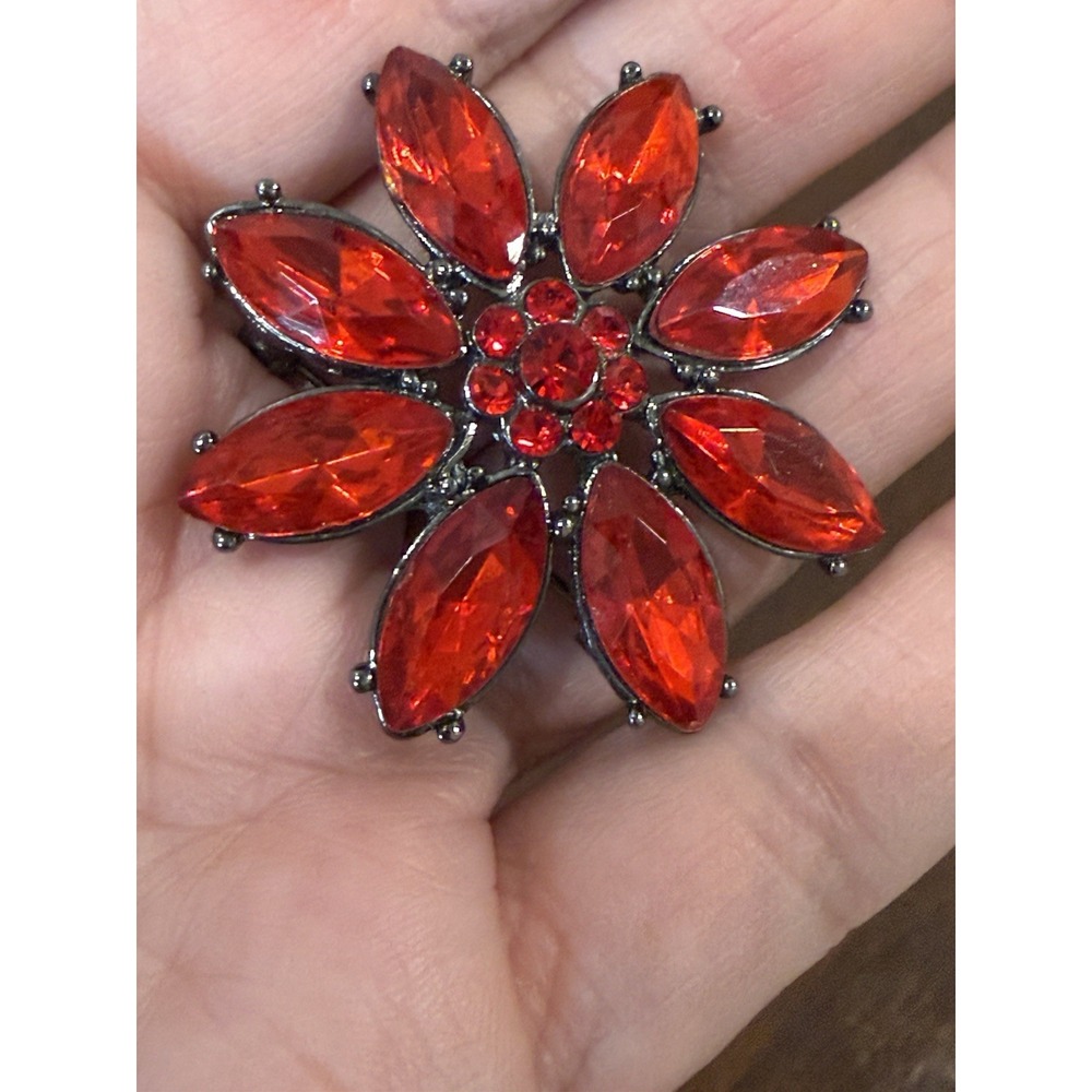Vintage Red Rhinestone Flower Brooch Gunmetal Starburst Sunflower Pin 2"